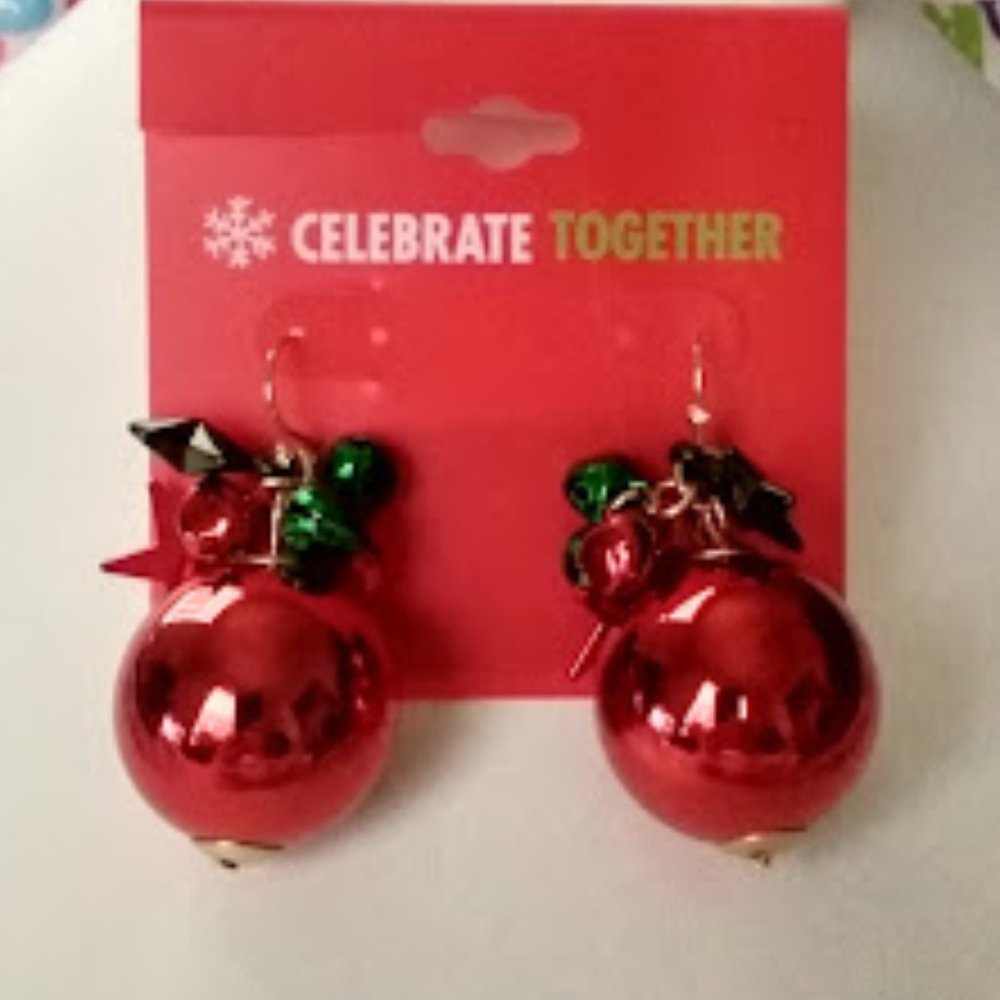 CELEBRATE TOGETHER Christmas Red Ornament with Jingle Bells + Stars Earrings~NEW